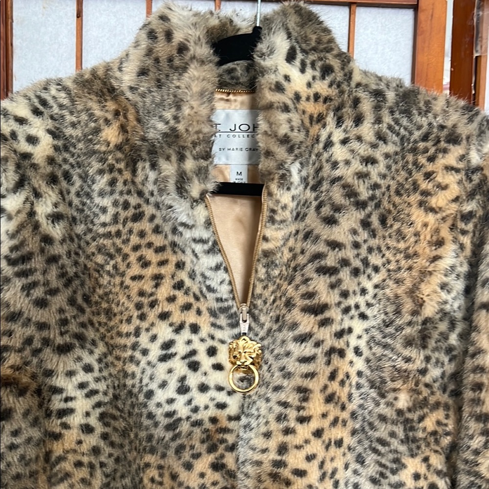 St. John Coat Collection by Marie Gray Cheetah Faux Fur Bomber Jacket M - Picture 2 of 8